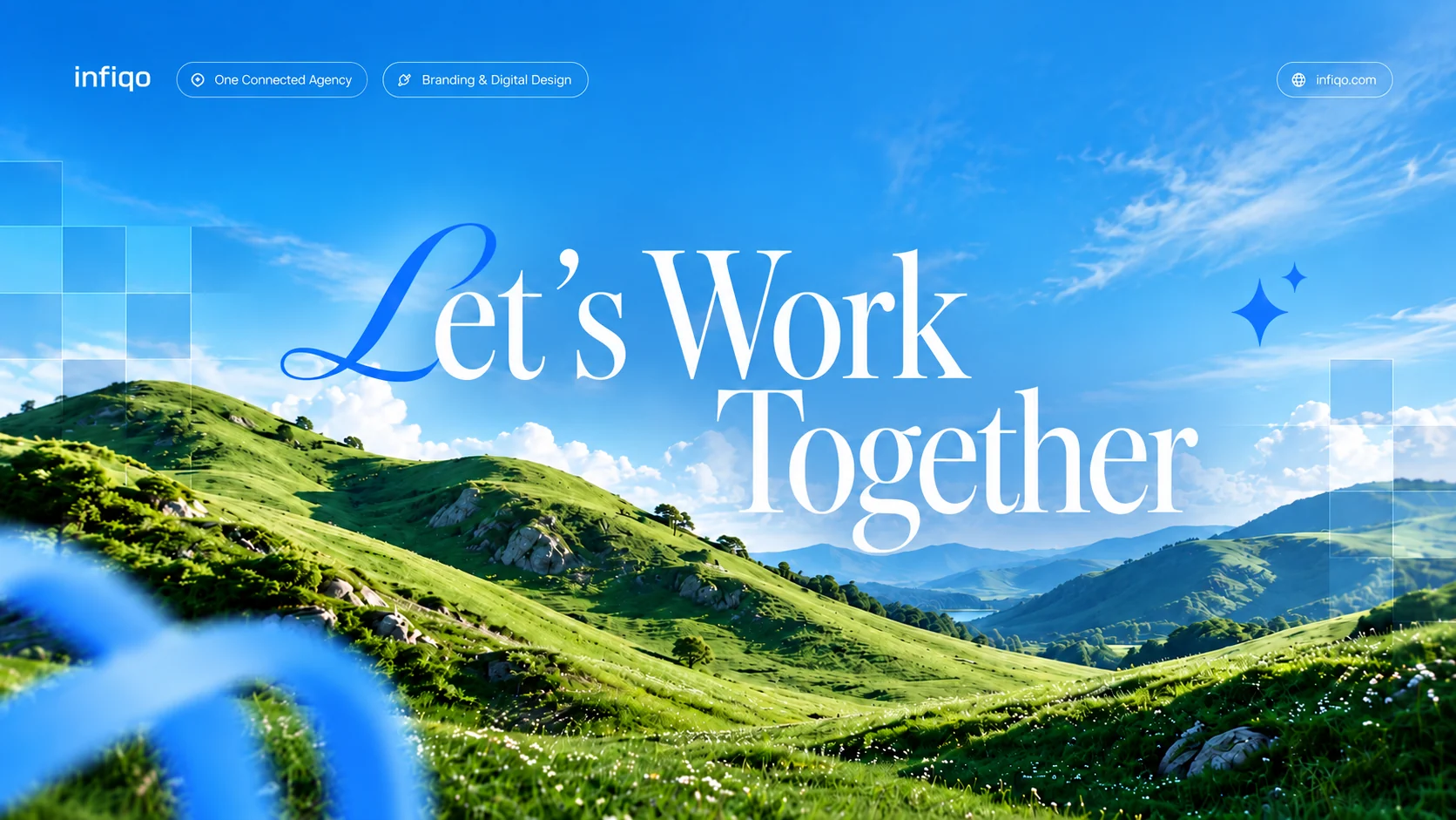 INFIQO Let’s Work Together artwork over a bright green landscape