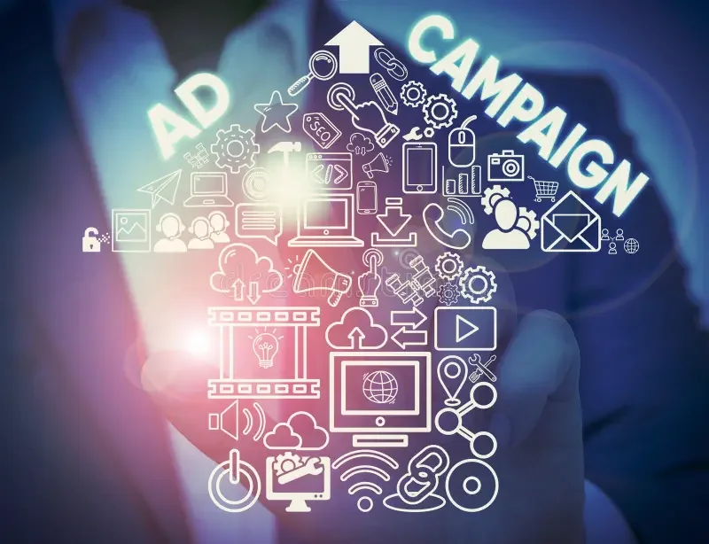 Digital advertising campaign artwork with connected marketing icons